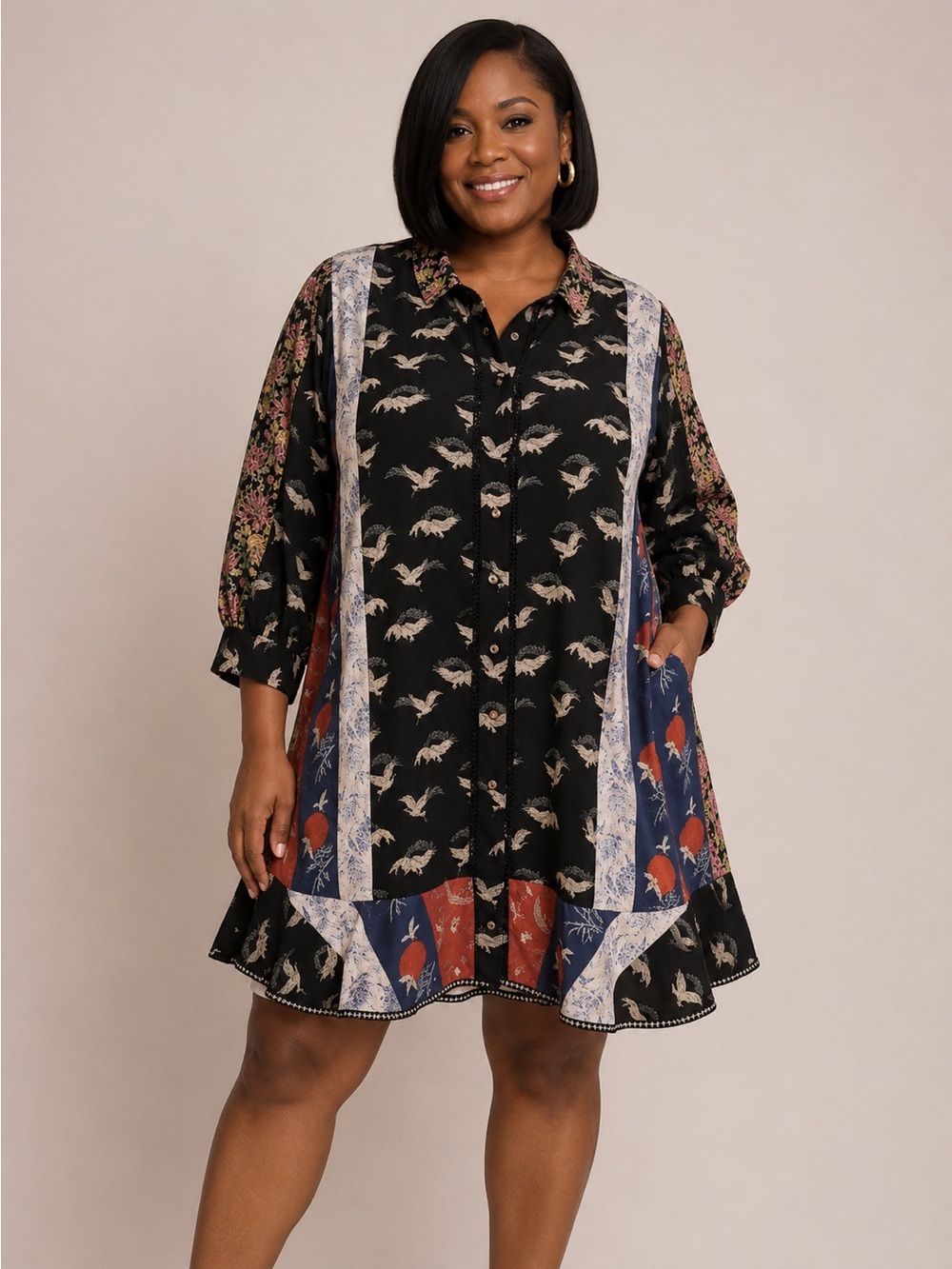 Johnny Was Black Multi-Panel Floral-Print Mini Dress